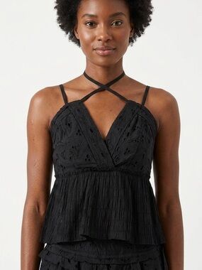 IRO Women’s Mireya Topwear 
Black Eyelet Lace Trim Blouse Size 36 100% Cotton